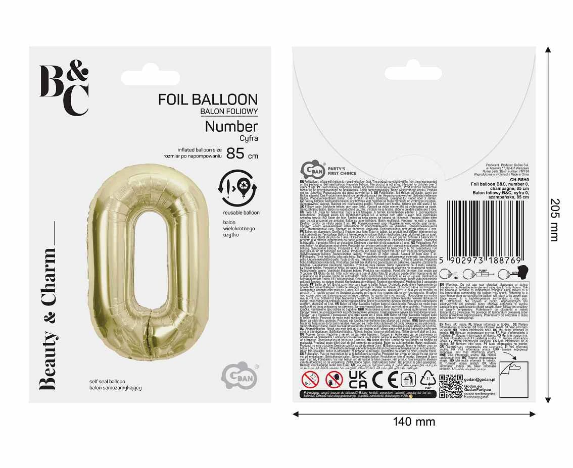 Balon foliowy B&C, cyfra 0, szampańska, 85 cm AA